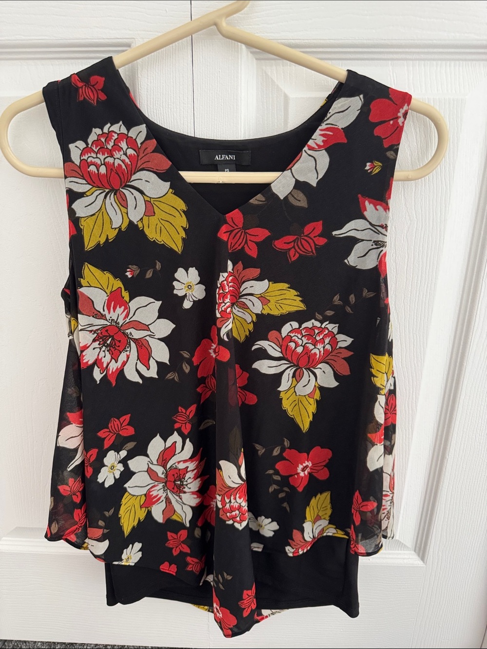 Alfani Black Sleeveless V-Neck Floral Camisole with Red and Yellow Print
